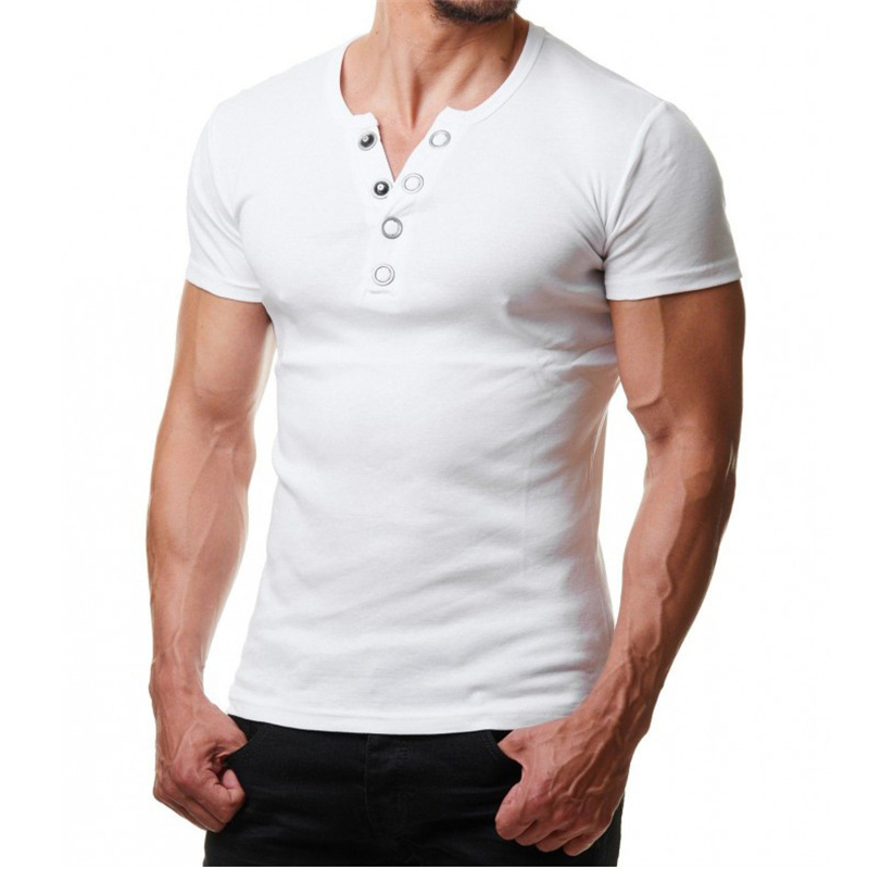 Henley T Men 2020 Summer Fashion V Neck Short Sleeve Tee Shirt Homme Casual Slim Fit Metal Button Mens T-shirts XXL MX200611