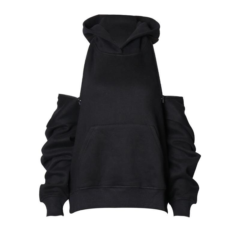 Women Warm Cold Shoulder Hooded Sweatshirt Sexy Plus Velvet Loose Hoodies Solid Color Long Top S-L