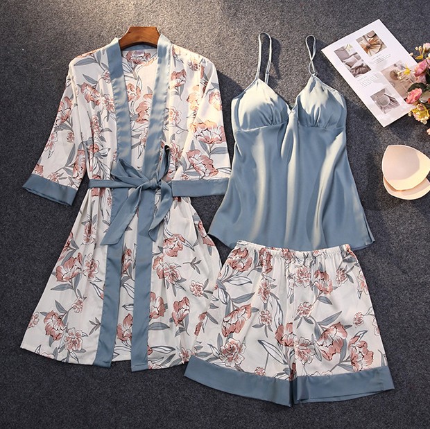 Women Satin 3PCS Sleepwear Print Flower Nighty&Robe Suit Female Kimono Bathrobe Gown Summer Silky Nightwear Home Clothes, 2pcs blue
Women Satin 3PCS Sleepwear Print Flower Nighty&Robe Suit Female Kimono Bathrobe Gown Summer Silky Nightwear Home Clothes, 2pcs blue