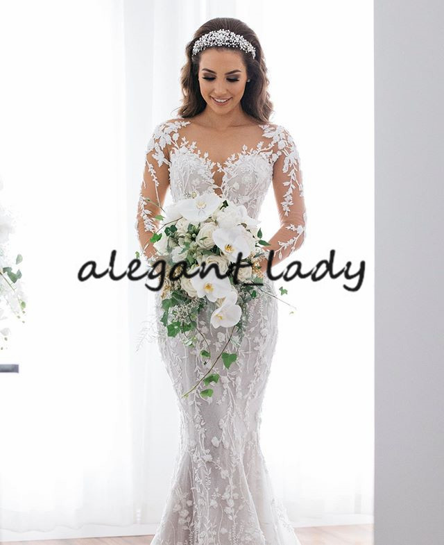Plus Size Vestido De Noiva 2021 Illusion Long Sleeve Mermaid Wedding Dresses Lace Applique Beach Bohemian Fishtail Bride Dress