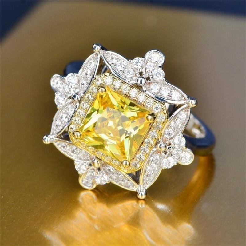 2020 New Arrival Hot Sale Unique Luxury Jewelry 925 Sterling Silver Princess Cut Yellow Topaz CZ Diamond Party Women Wedding Band Ring Gift