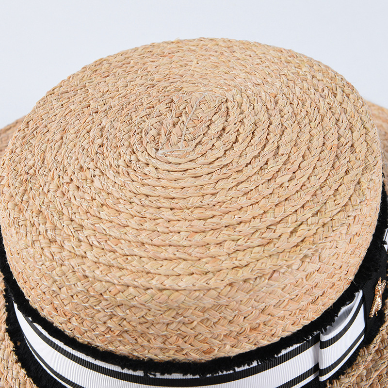 Fashion Bee Summer Sun Hat For Women Natural Raffia Crochet Straw Hat With Ribbon Flat Panama Hat Summer Travel Beach Hats Y200716