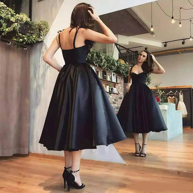 Little Black A Line Prom Dresses Spaghetti Straps Satin Short Cocktail Dress Tea Length Evening Gowns Formal Party Dress Evening ogstuff