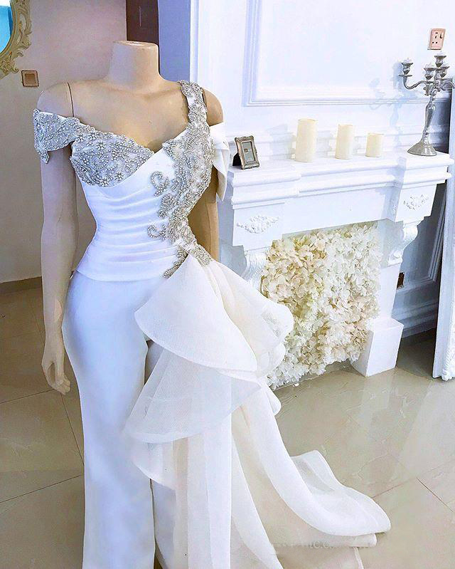 Luxury Crystal Prom Jumpsuit with Side Detachable Train 2021 Real Image Off Shoulder Peplum Arabic Evening Dress with Pant Suit