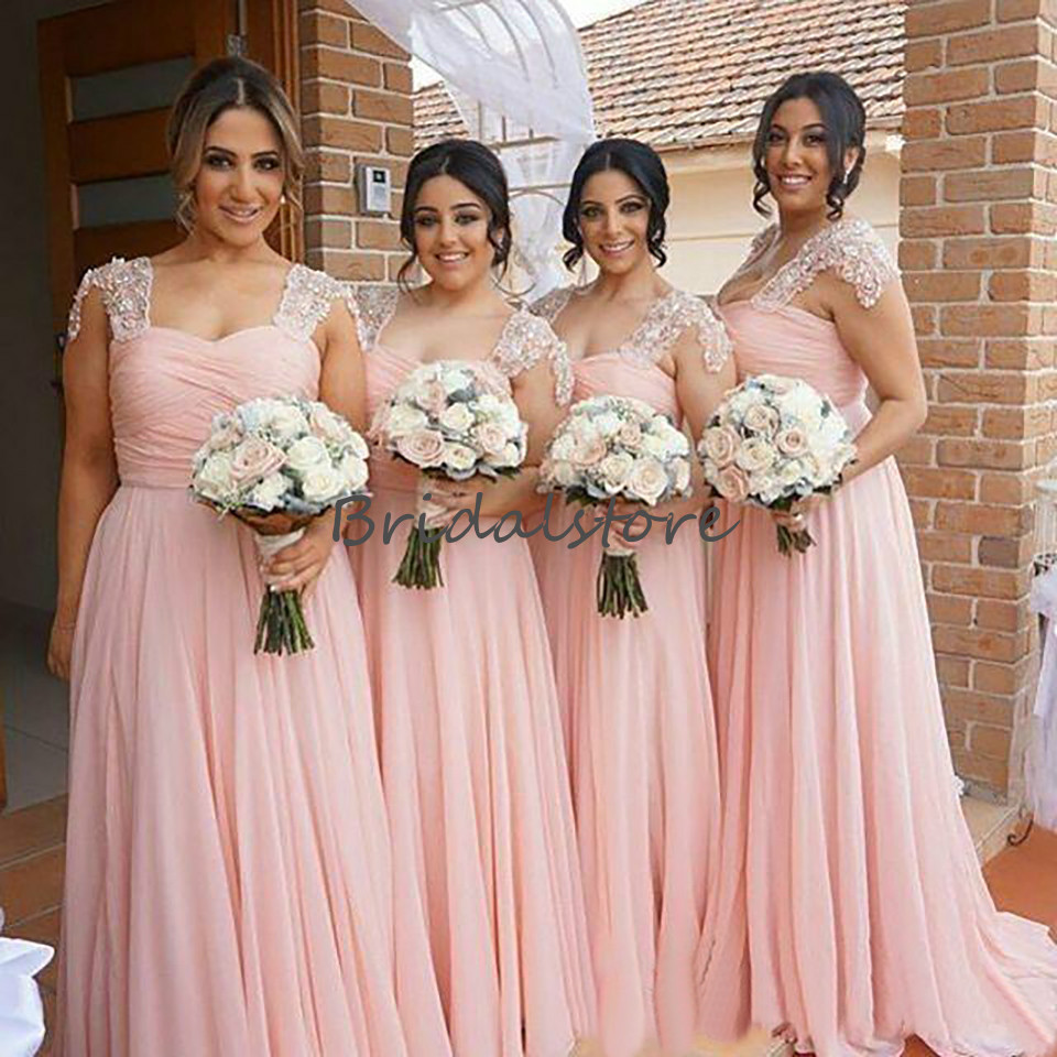 Country Pink Bridesmaid Dresses Long Formal Prom Evening Dress Beaded Cap Sleeves Floor Length Chiffon Maid Of Honor Gowns 2020 Cheap Robes