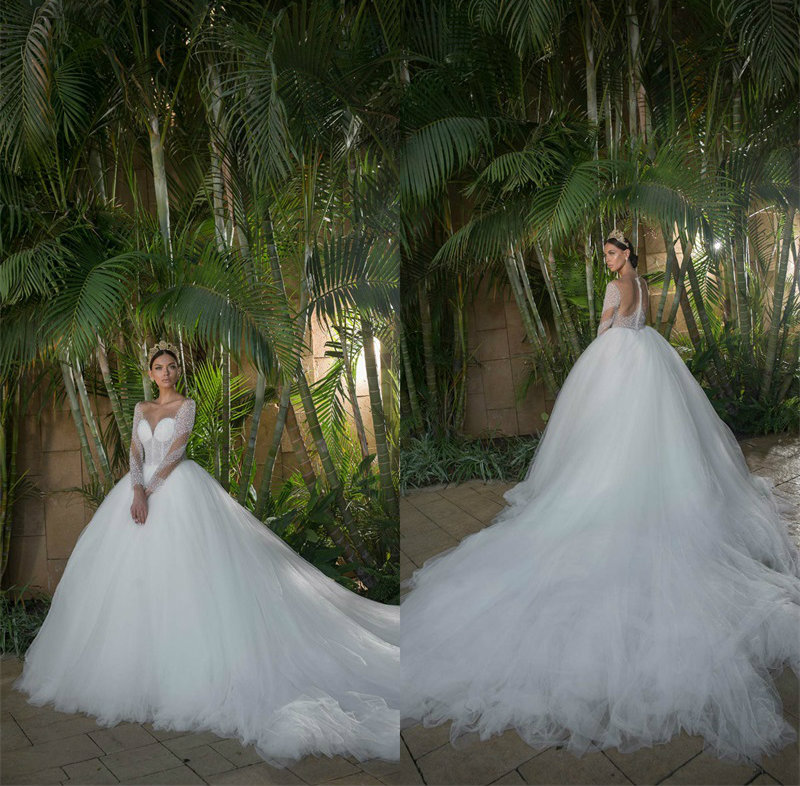 Elegant A-line Wedding Dresses Luxury Beaded Jewel Neck Sheer Long Sleeve Church Bridal Gowns Custom Made Court Train Vestidos De Novia