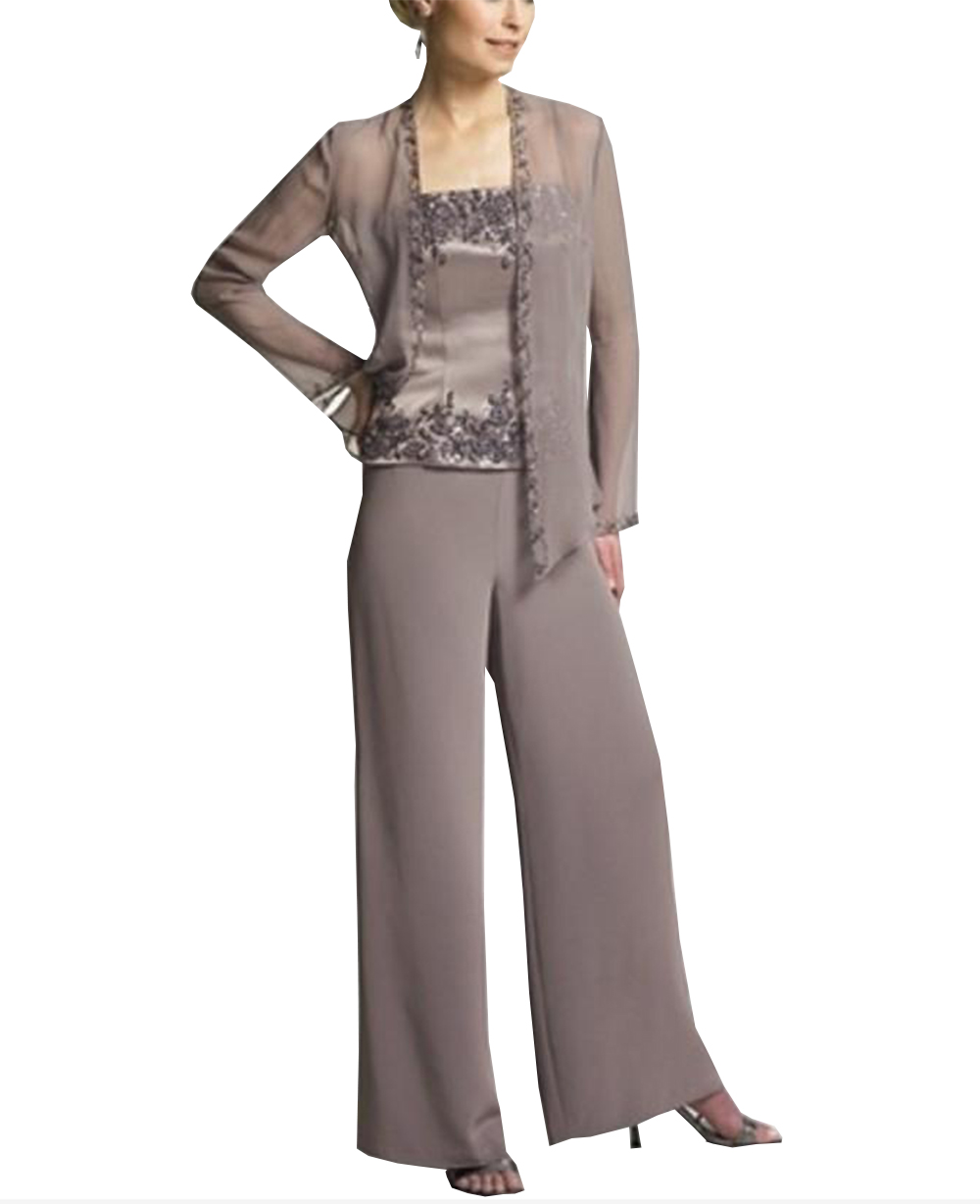 Mother of the Bride Suits women elegant 3 pieces Appliques Embroidery Satin Chiffon dress pants suit long sleeves for wedding groom
