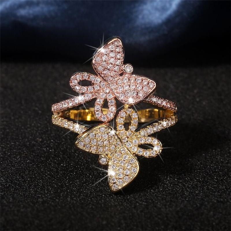 Infinity Vintage Fashion Jewelry 925 Sterling Silver&Gold Fill pave White Sapphire CZ Diamond Gemstone Double Butterfly Open Adjustable Ring
