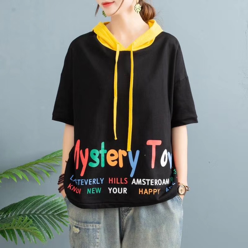 Women Summer Fashion Korea Style Short Sleeve Colorful Letter Printed Hooded Sweatshirt Student Casual Large Easy Match Clothing, Black
Women Summer Fashion Korea Style Short Sleeve Colorful Letter Printed Hooded Sweatshirt Student Casual Large Easy Match Clothing, Black