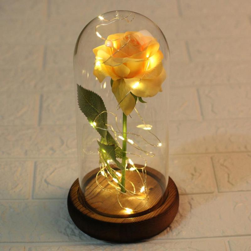 Romantic LED Lights Gold Rose In A Glass Dome for Wedding Valentine's Day 2.14 Gifts Flower for Girlfriend Wife Home Party Decor