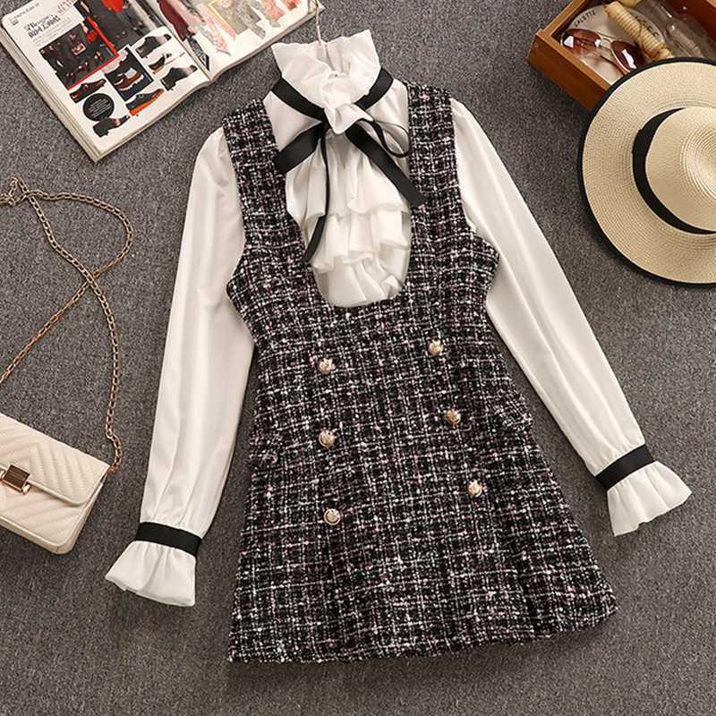 2020 Autumn Winter 2 Piece Set Overalls Dress Women Elegant Ruffles Chiffon Bow Shirt Top+Double Breasted Plaid Tweed Vest Dress, Picture color
2020 Autumn Winter 2 Piece Set Overalls Dress Women Elegant Ruffles Chiffon Bow Shirt Top+Double Breasted Plaid Tweed Vest Dress, Picture color