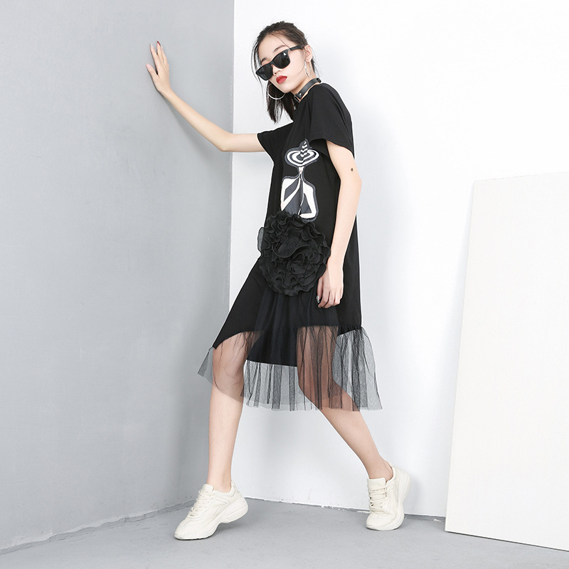 EAM New Spring Summer Round Neck Short Sleeve Black Pattern Printed Mesh Stitch Loose Dres Fashion JQ621 T200320