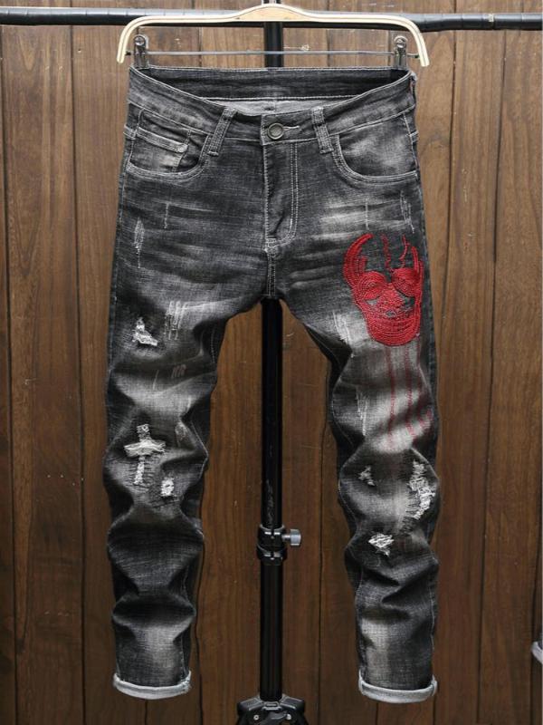 Men Plus Size Straight Jeans Male Distressed Denim Pants Biker Jeans, Black