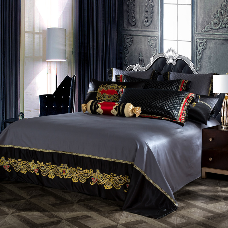 2020 Luxury Silk Cotton Jacquard Black Bedding Set Quilt Cover Sets Flat Bed Sheet Pillowcases Queen King Size 4/6/8/9Pcs