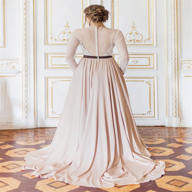 Light Pink Evening Dresses Jewel Long Sleeves Sash Appliqued A-line Pageant Gown Newest Elegant Ruched Satin Custom Made Long Prom Dress