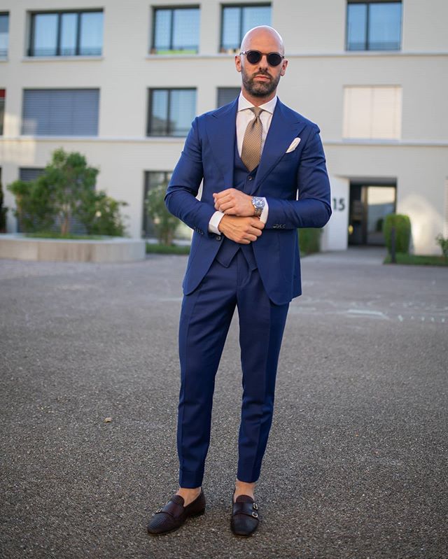 2021 Summer Royal Blue Mens Wedding Tuxedos Wear Two Button Groom Mens Business Party Prom Best Men Blazer Suit(Jacket+Vest+Pants)