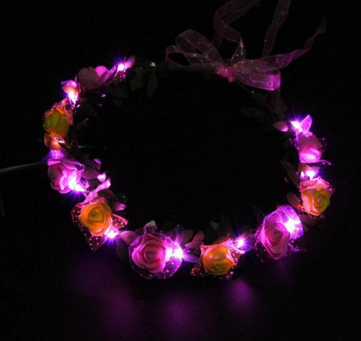 Flashing LED Glow Rose Crown Headbands Light Party Rave Floral Hair Garland Wreath Wedding Flower Girl Headpiece Decoration GD380