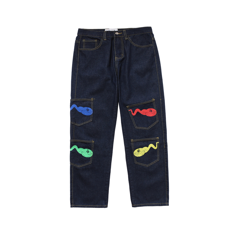 Bebovizi Hip Hip Tadpole Print Denim Pants Streetwear Denim Pants Men Harajuku Multi-pocket Trousers Joggers Cotton