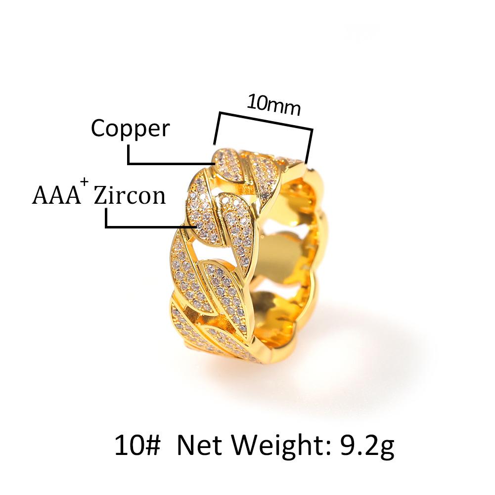 New Hip Hop Real Gold Plated Bling Cubic Zirconia Cuban Chain Mens Womens Band Ring CZ Diamond Finger Rings Rapper Jewelry Gifts for Couples