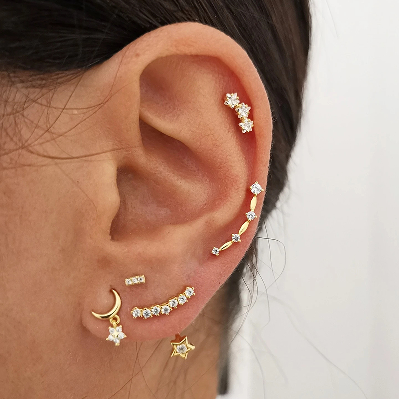 real 925 Sterling For Women Girls Star Zircon Earrings Silver Gold Color Huggie Hoop Earring Oorbellen Gifts A30