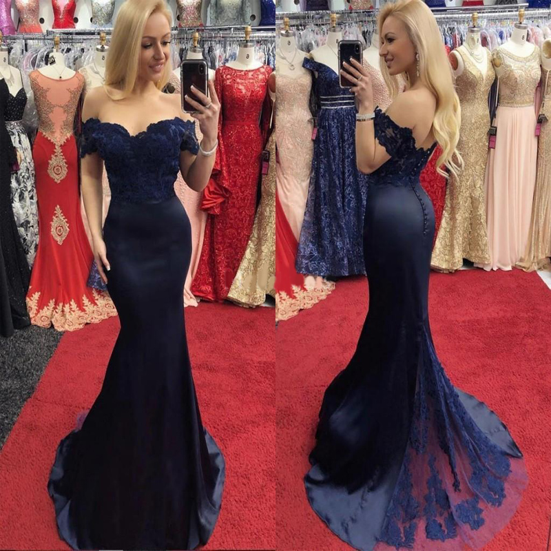 Lace Mermaid Evening Dresses Off Shoulder Sweep Train Satin Arabic Prom Dresses Formal Party Gowns Vestidos De Fiest