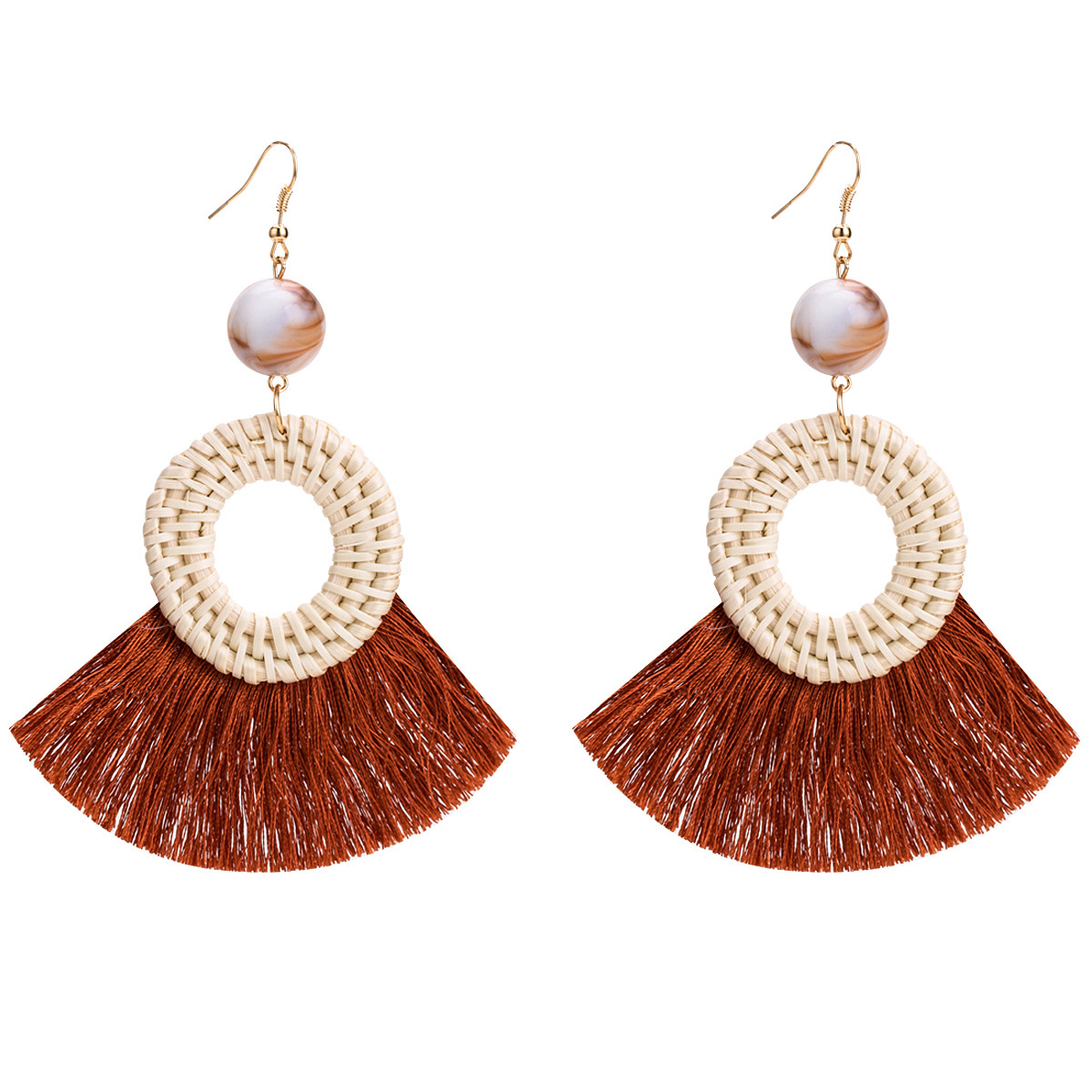 Exaggerated Rattan woven tassel earrings multi-layer beads female Bohemia