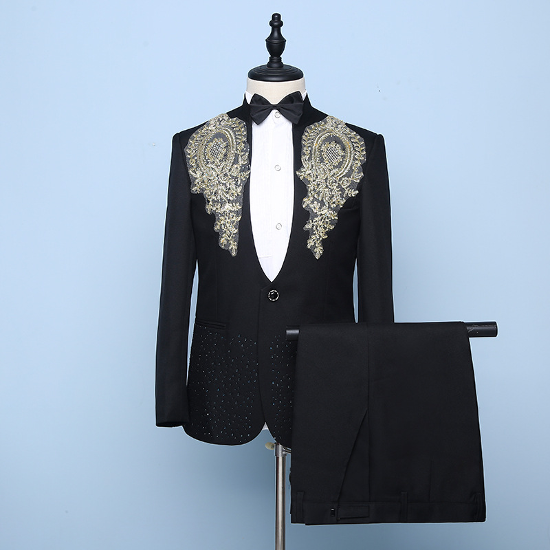2020 Newest 2-piece Black Wedding Formal One Button Men Suits Cotton Blend Party Sequins Business Peaked Lapel Blazer Suits