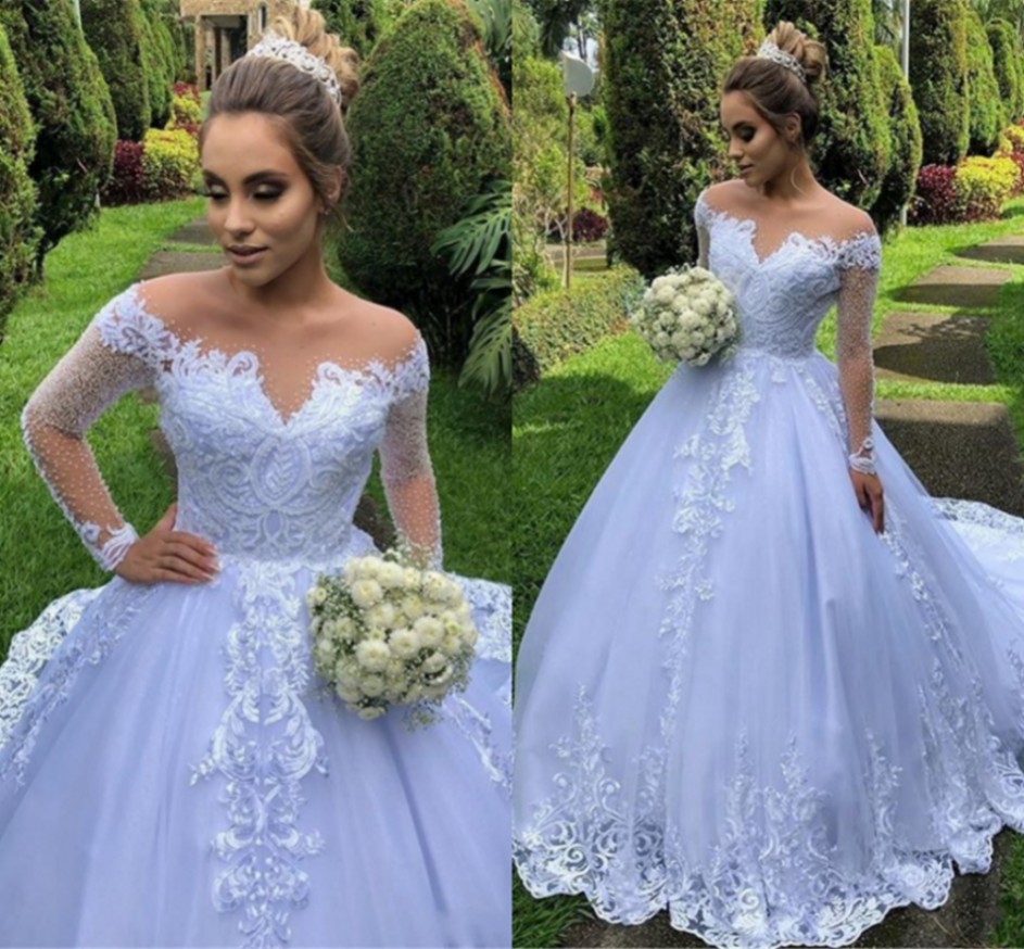 Modest Long Sleeve Illusion Puffy Wedding Dresses 2021 Western Garden A Line Sheer Appliqued Ruched Long Bride Gowns