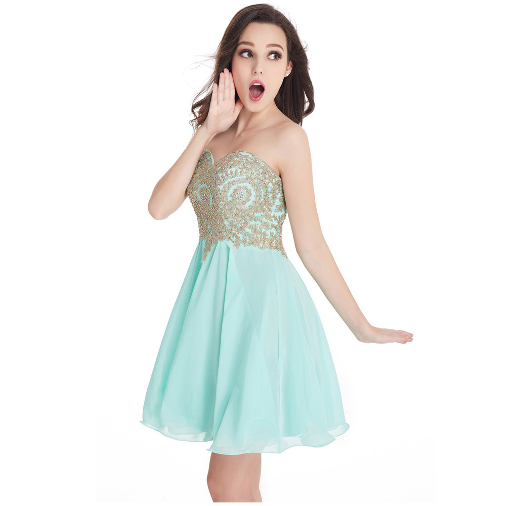 Babyonblinedress Sexy Open Back Mint Green Gold Lace Homecoming Dresses Sweetheart Neck Chiffon Short Evening Prom Dresses CPS406