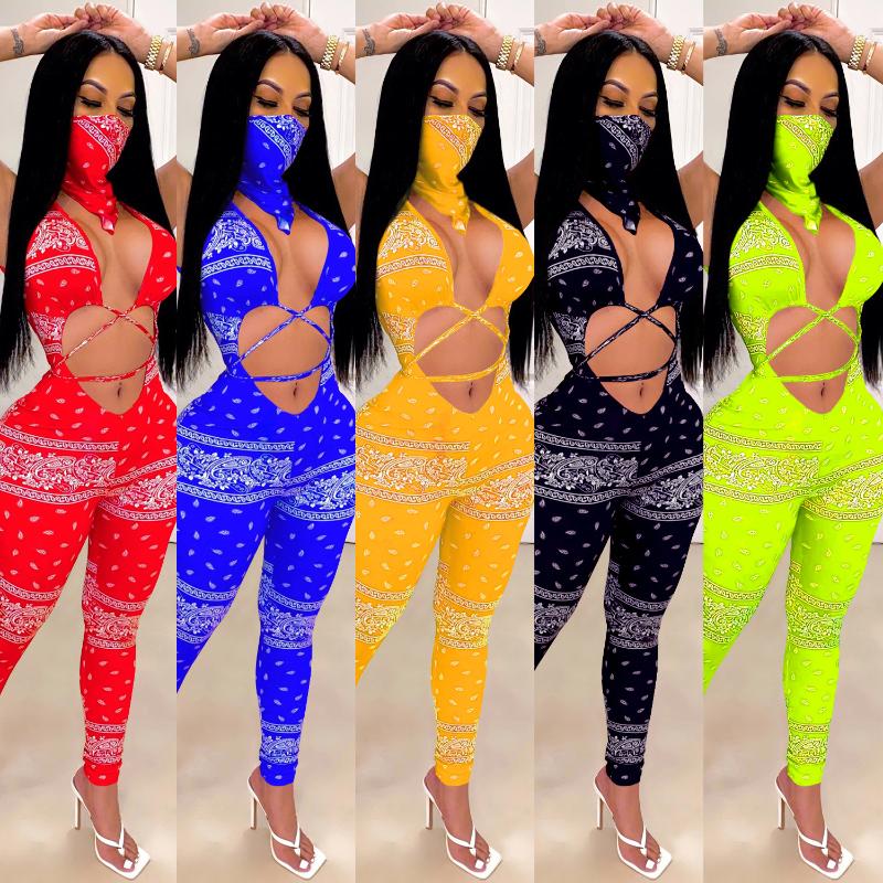 Zoctuo Bandana Scarf Print Sexy Jumpsuits for Women Hollow Out With Mask Playsuit 2020 New Fashion Bandage Women Sexy Jumpsuit11436467