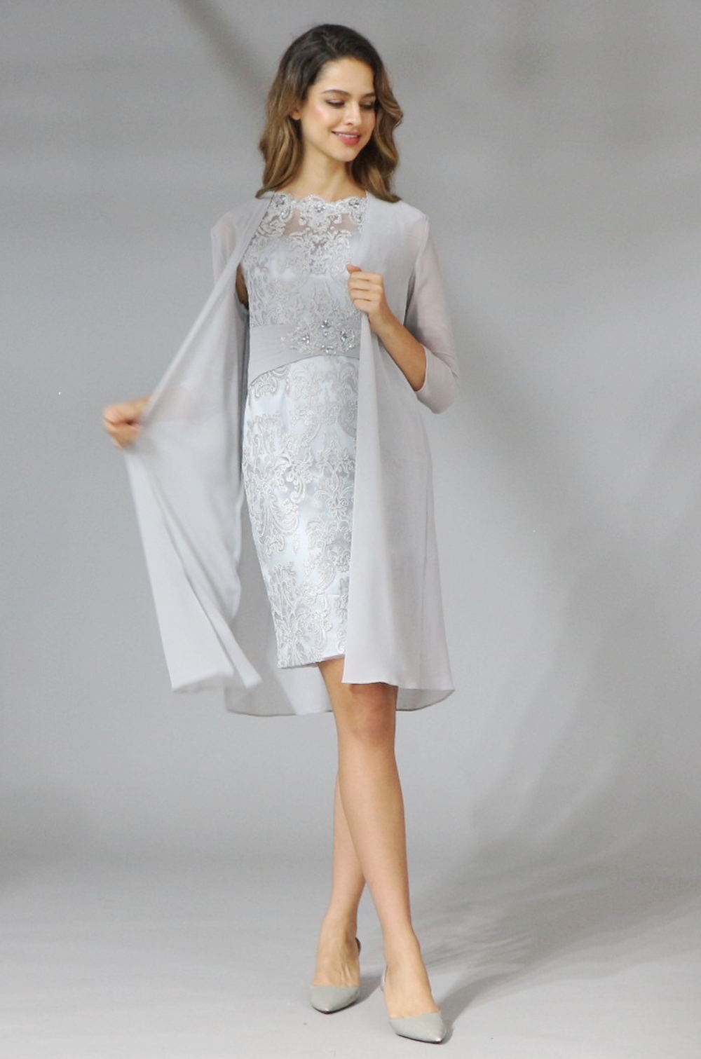 Lace Chiffon Mother Of The Bride Dresses Plus Size Tea Length Two Pieces With Jacket For Wedding Evening Dress