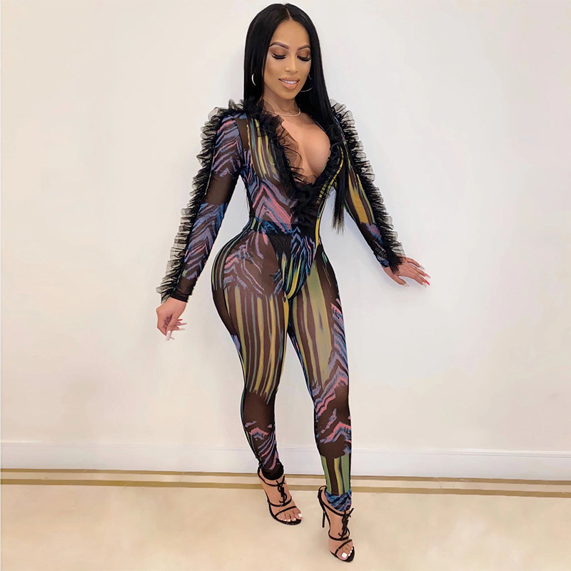 ANJAMANOR Animal Print Transparent Mesh Two Piece Set Ruffle Long Sleeve Bodysuit Leggings Sexy Club Outfits for Women D57-AD55 T200608