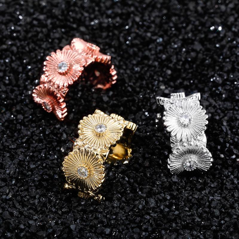 Daisy Mens Womens Flower Open Cuff Ring Band Hip Hop Real Gold Plated Bling Cubic Zirconia CZ Diamond Finger Rings Jewelry Gifts for Couples Bijoux
