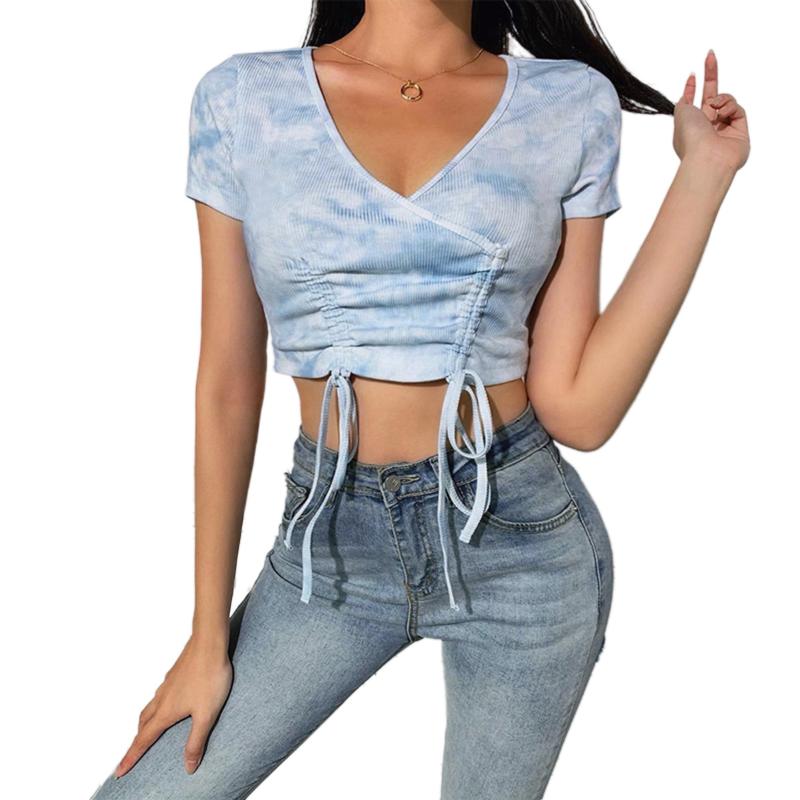 Women Top, Summer Tie Dyeing Pattern Short Sleeve Outfit, Slim Crop Drawing Straps Deep V-Neck, Blue
Women Top, Summer Tie Dyeing Pattern Short Sleeve Outfit, Slim Crop Drawing Straps Deep V-Neck, Blue