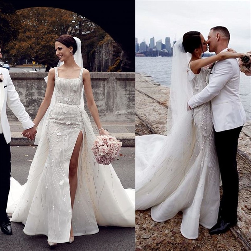 Newest Hand Made Flower Wedding Dresses A Line With Detachable Train Beaded Appliqued Lace Wedding Dress High-split Beach Robes De Mariée