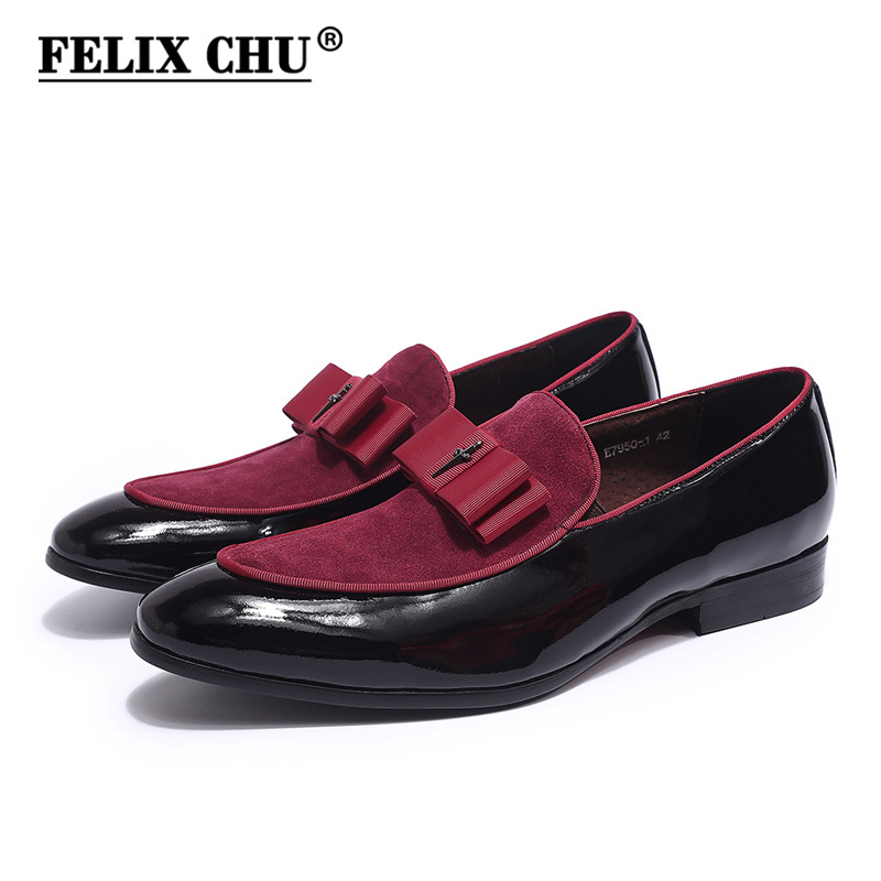 Handmade Genuine Patent Leather And Nubuck Leather Patchwork With Bow Tie Men Wedding Black Dress Shoes Men's Banquet Loafers CX200731