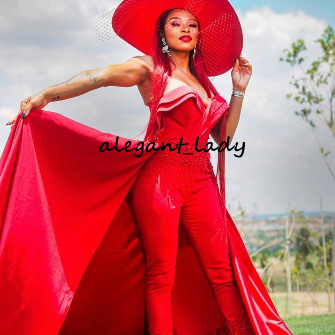 Red Off Shoulder Jumpsuits Evening Dresses Overskirt Pearls Ruched Ankle Length Satin Celebrity Dress Outfit Formal prom gowns
