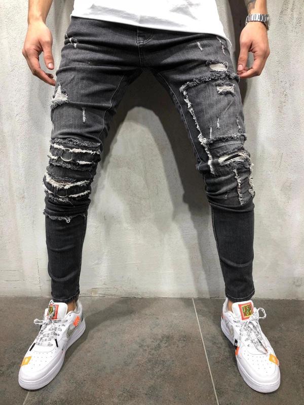 Men's Jeans Ripped Pencil Pants Men Skinny Denim Biker Side Striped Destroyed Hole Hip Hop Slim Fit Man Scratched Jean Hombre