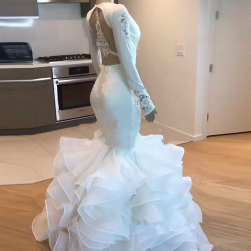 Gorgeous White Ruffles Skirt Mermaid Wedding Dress Long Sleeves Plus Size Beach Party Gowns Seaside Wedding Dresses