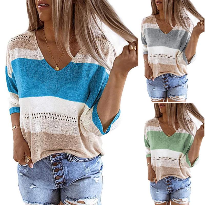 Women Casual Long Sleeve Stripes Color Block Hollow Out Knitwear Blouse Sweater 2020 Autumn Winter Thick Sweater Women Knitted, Blue
Women Casual Long Sleeve Stripes Color Block Hollow Out Knitwear Blouse Sweater 2020 Autumn Winter Thick Sweater Women Knitted, Blue