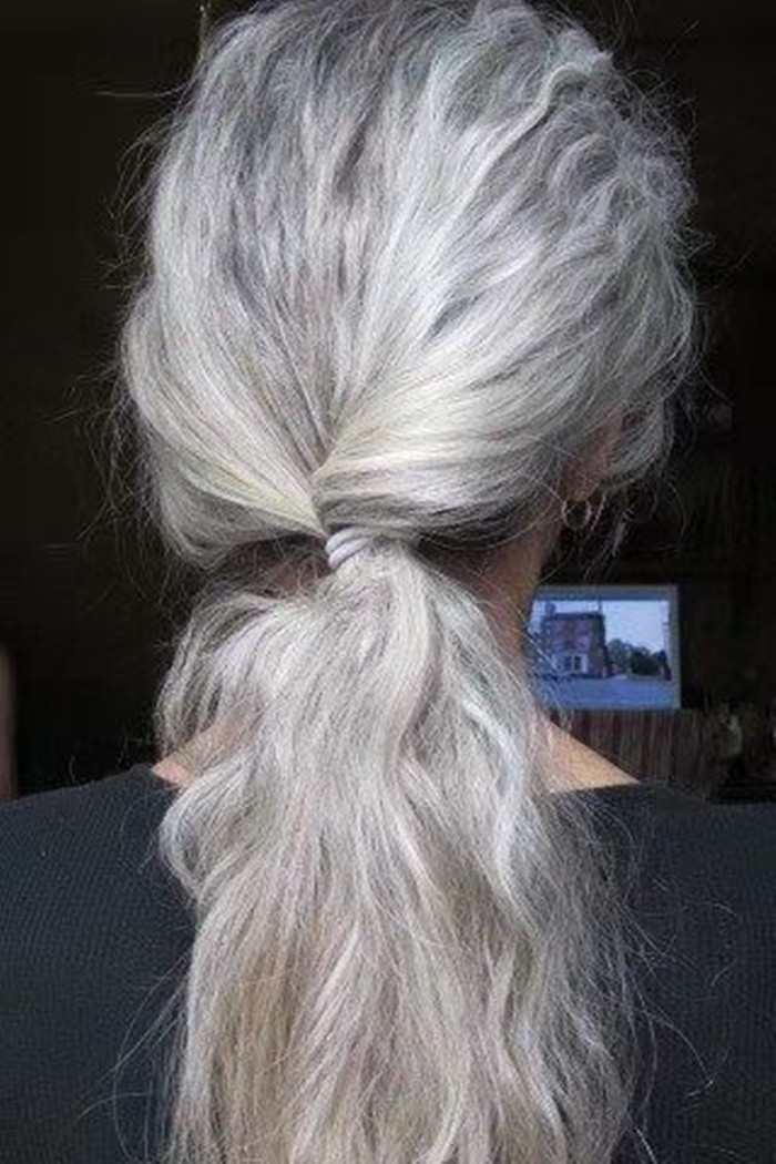 Grey wavy human hair ponytail salt and pepper natural gray ponytail extension wraps drawstring clip in real hair natural highlights