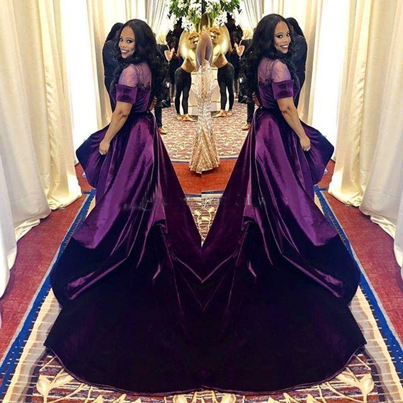 Elegant Purple Velvet Formal Evening Dress Short Sleeve Sheer Lace Evening Gowns High Low African Women Dinner Party Wear