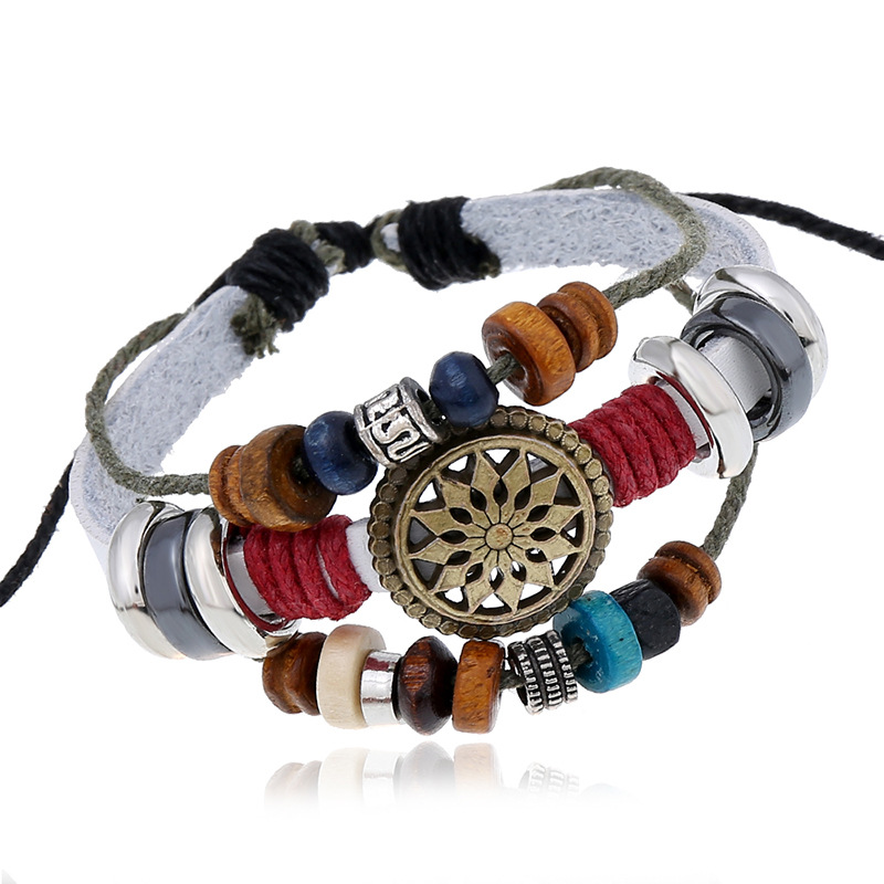 Hollow Flower Leather Stack Bracelet Charm Adjustable Multi Layered Bead Bracelets Women Mens Fashion Jewelry Will and Sandy