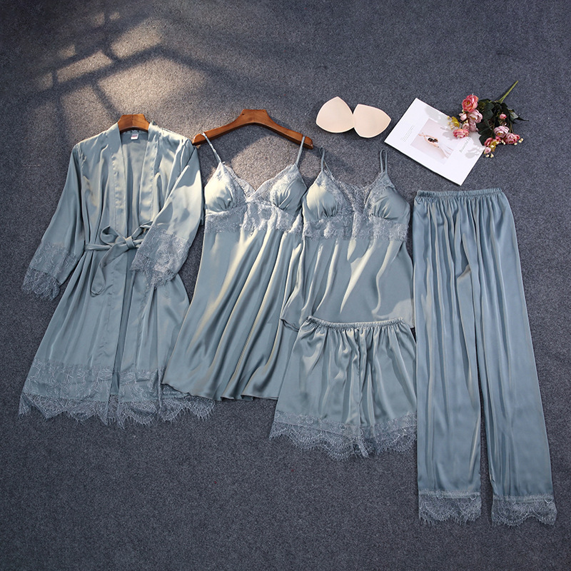 Satin Nighty&Robe Suit Lady 5PCS Sleepwear Lace Patchwork Kimono Bathrobe Gown Intimate Lingerie Sexy Nightwear Home Clothes, 4pcs blue
Satin Nighty&Robe Suit Lady 5PCS Sleepwear Lace Patchwork Kimono Bathrobe Gown Intimate Lingerie Sexy Nightwear Home Clothes, 4pcs blue