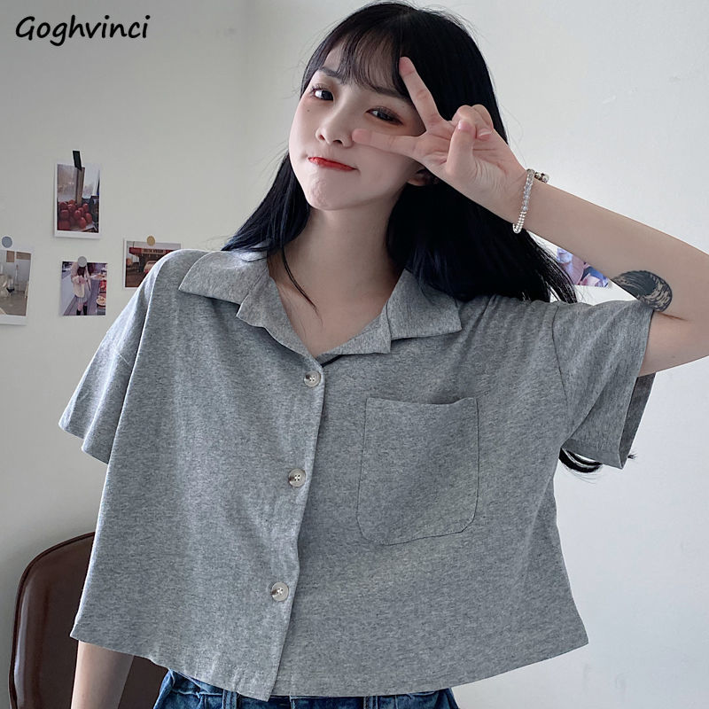Shirts Women Solid Crop Top Short Sleeve Summer Single Breasted Loose Ins Simple Fashion Casual Female Tops Preppy Korean Tees, Black
Shirts Women Solid Crop Top Short Sleeve Summer Single Breasted Loose Ins Simple Fashion Casual Female Tops Preppy Korean Tees, Black