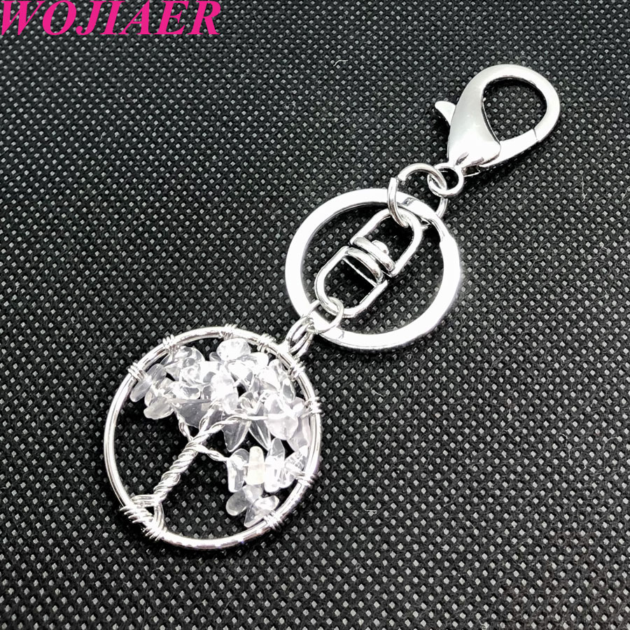 WOJIAER Natural Stone Clear Crystal Keychains Ring Key Handmade Holder Round Tree of Life for Women Car Bags Accessories BW911