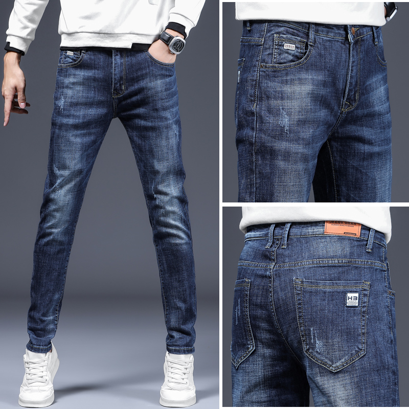 Autumn men's denim trousers Trend brand High elastic slim feet pants Classic version All-match Simple and comfortable blue jeans 
Autumn men's denim trousers Trend brand High elastic slim feet pants Classic version All-match Simple and comfortable blue jeans