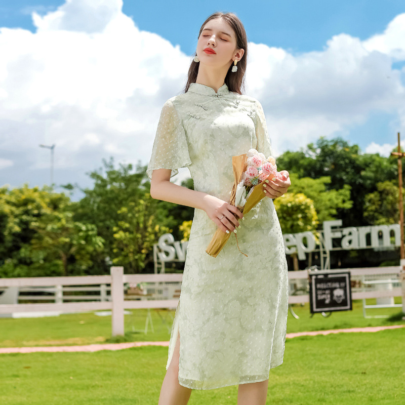 Women's Chinese clothing stand collar cheongsam split chiffon dress