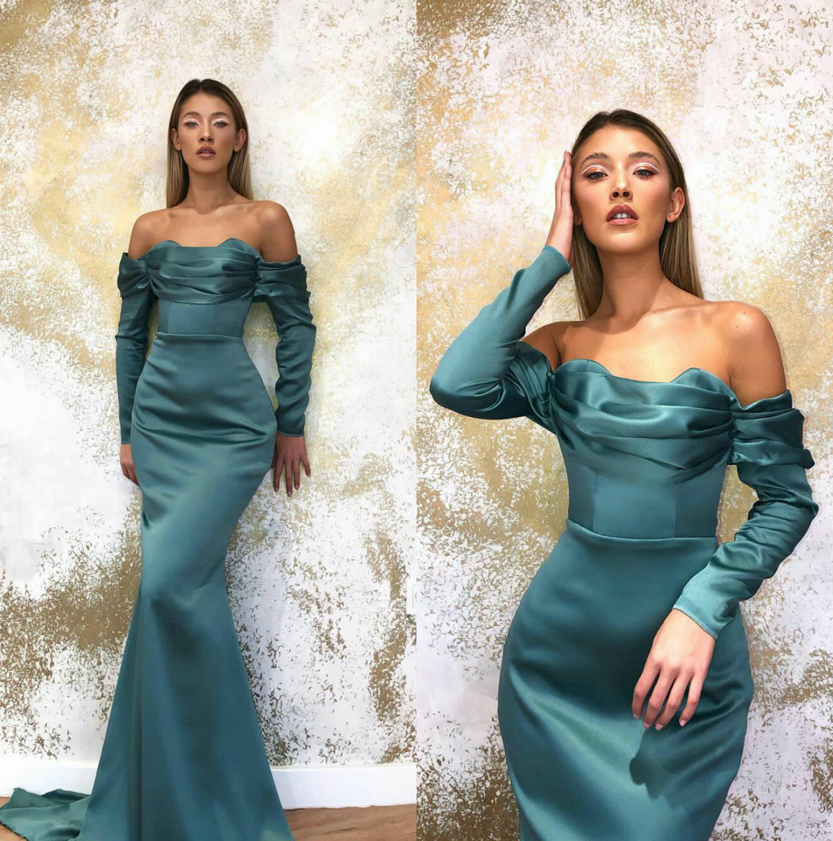 Sexy Mermaid Prom Dresses 2020 Off Shoulder Ruffles Satin Long Sleeve Evening Gowns Formal Party Dress vestidos de novia