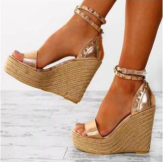 Glod PU Leather Wedges Ankle Strap Sandals Lady Peep Toe Buckle Strap Casual Sandals Women Cover Heels Party Shoes With Rivets, As picture
Glod PU Leather Wedges Ankle Strap Sandals Lady Peep Toe Buckle Strap Casual Sandals Women Cover Heels Party Shoes With Rivets, As picture